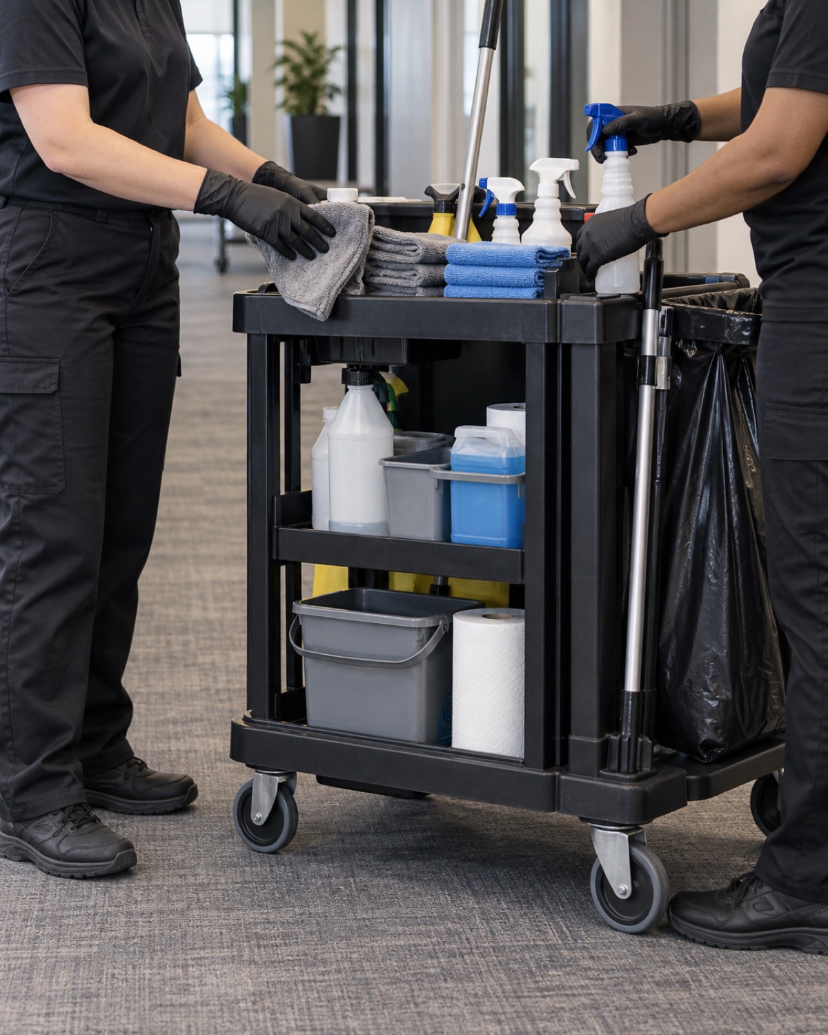 Background-checked commercial cleaning professionals working discreetly in a modern office