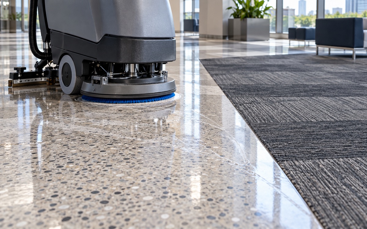 Floor cleaning path across polished terrazzo and commercial carpet tile