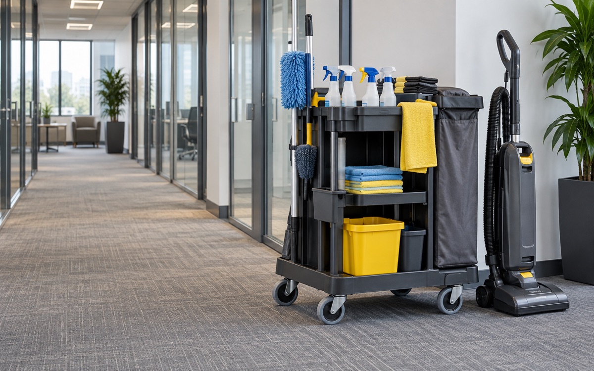 Organized janitorial cart beside a clean office corridor