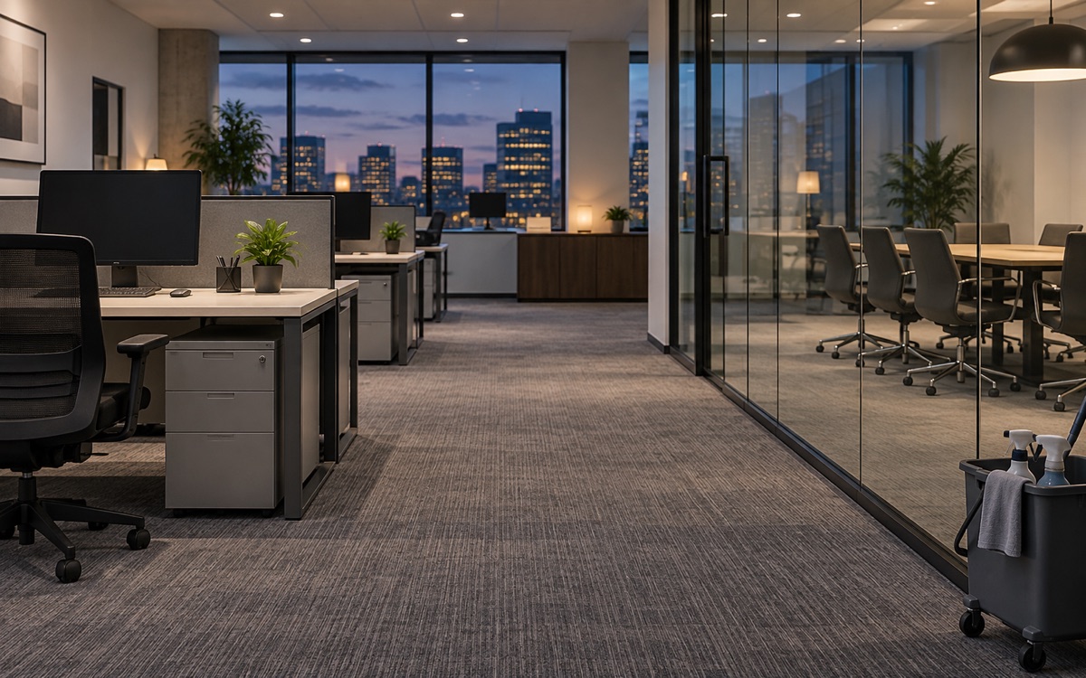 Freshly vacuumed office with clear desks and spotless glass