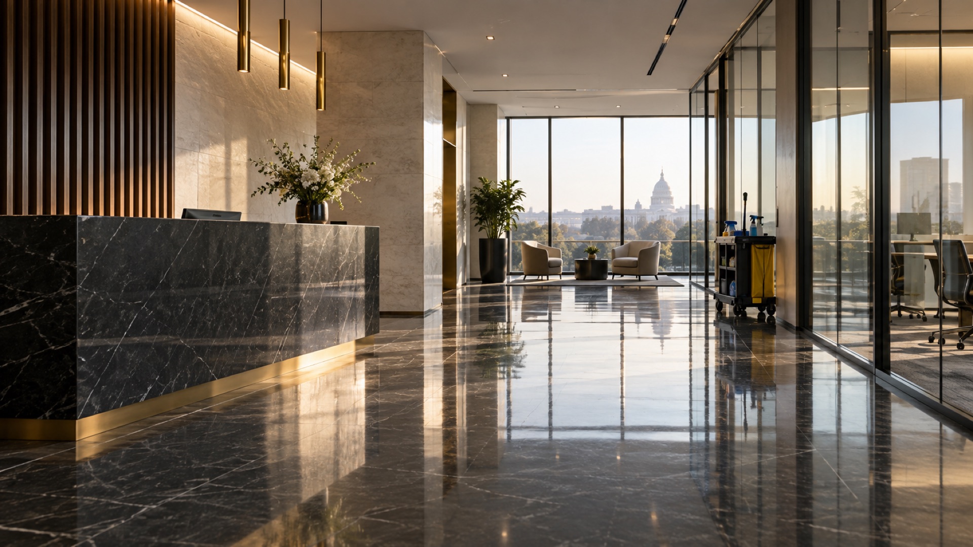 Luxurious commercial lobby with polished stone floors after professional cleaning